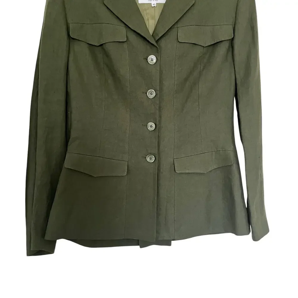 Iceberg Army Green 100% Linen Button Front Utilitarian Blazer Jacket Size IT 42